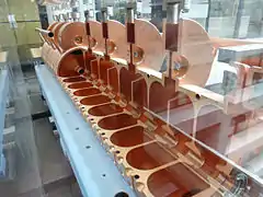 A cutaway view of the 805&nbsp;MHz side-couple cavities