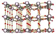 Ball and stick model of layered crystal structure containing two types of atoms.